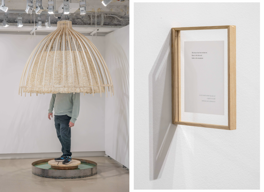 Image: Mariana Noreña, The House That Lives Within Me, 2023. Steel, water from Lake Michigan, wood, soil from Bogotá, soil from Chicago, corn husks, rosemary, recycled paper, basket reed, bent wood, sound, frame. The image is divided between two photos. On the left image is a large, tan umbrella-like basket hanging from the ceiling,  it's opening facing down. On the floor underneath it is a metal circular pedestal in the center of which is a slightly raised wooden pedestal. On the wooden pedestal, a person stands, their shoulders and head obscured by the basket. In the right image, a framed piece of paper hung perpendicular to the wall. It has three brief lines of text near the top. Photo by Jonas Müller-Ahlheim.